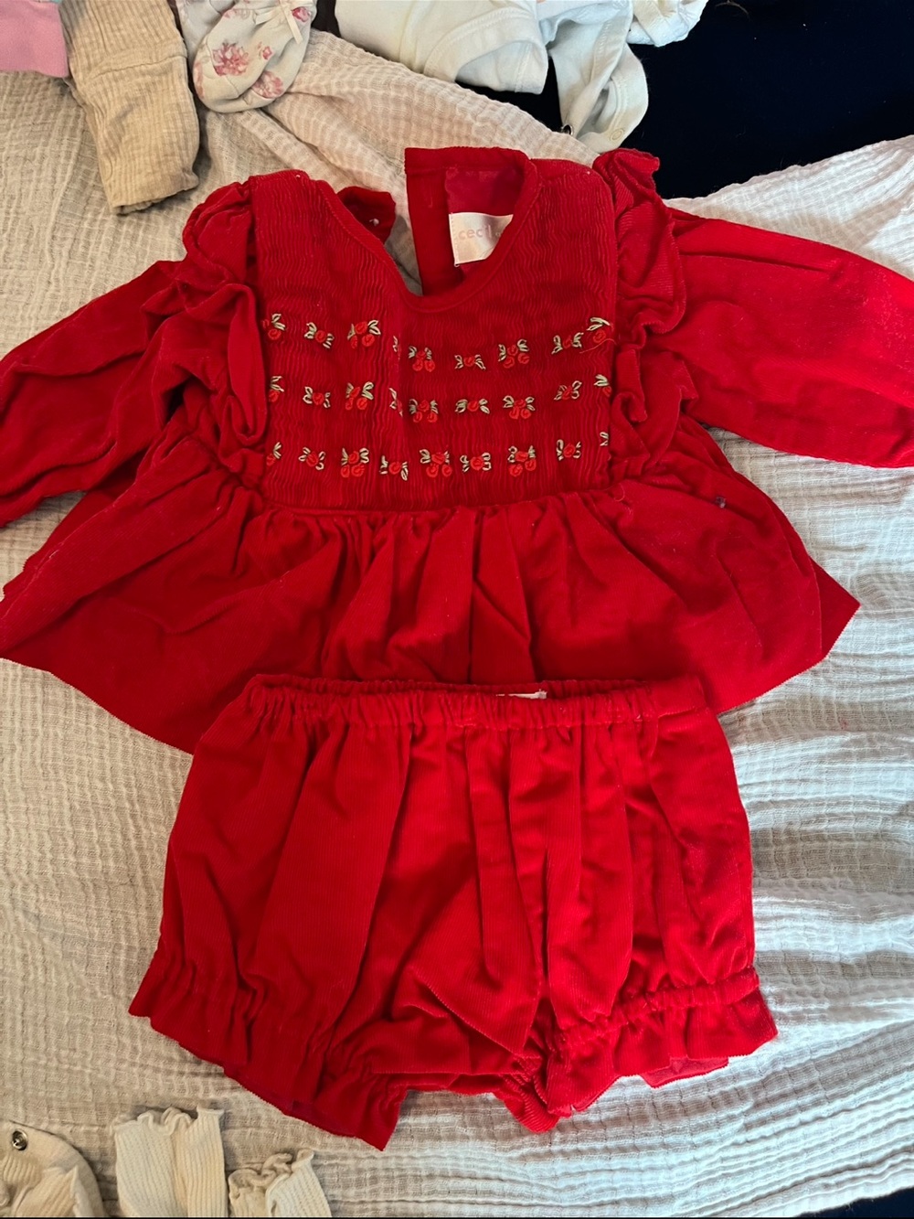 Red Matching Set with Embroidered Smocking -